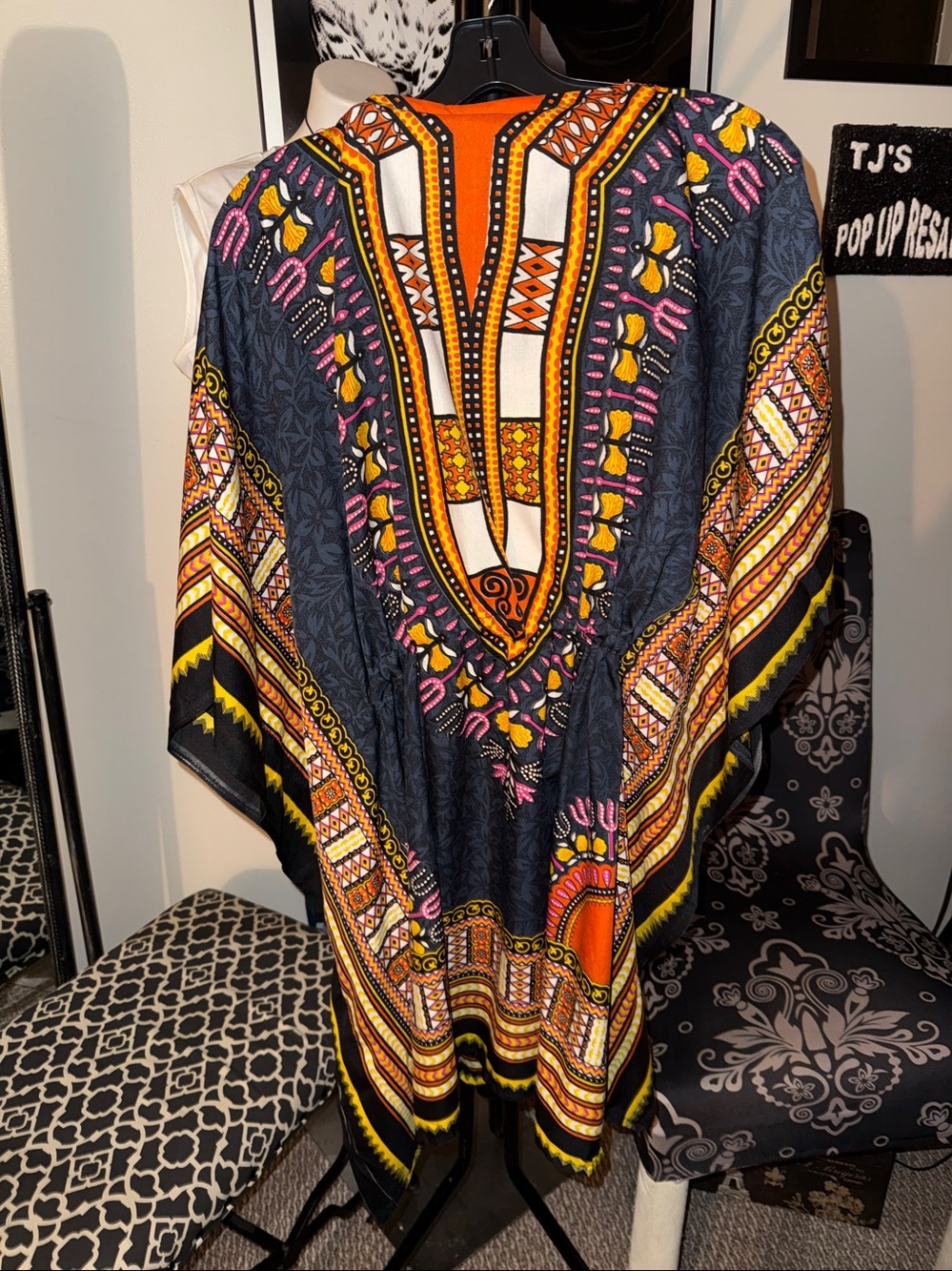 Women’s Patterned Kimono - Black with Orange & Pink Accents - Picture 4 of 8